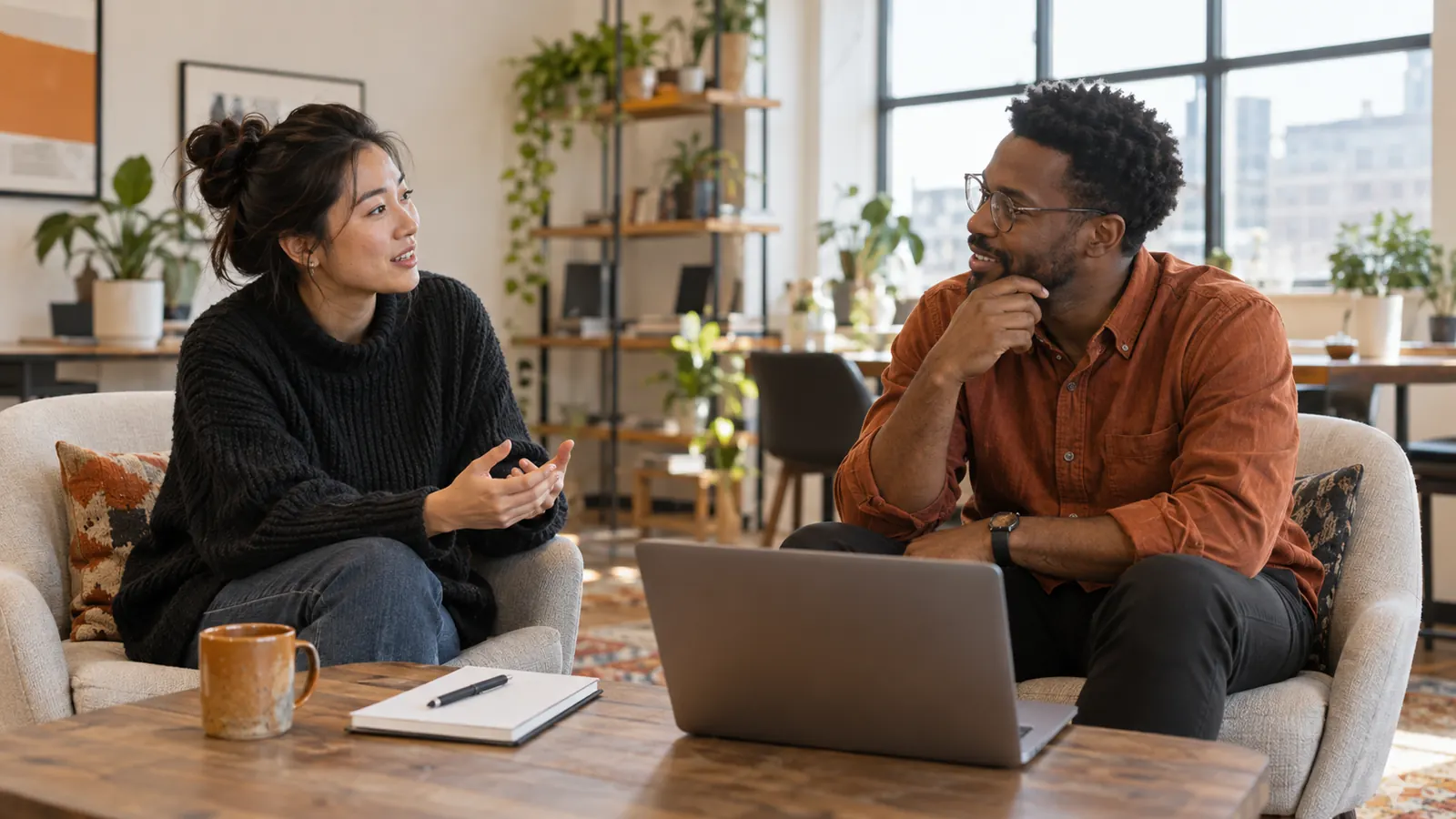 A professional discussing career goals with a coach