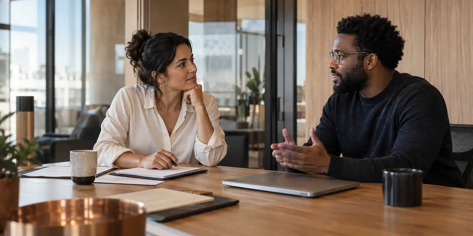 Professionals preparing for an interview conversation